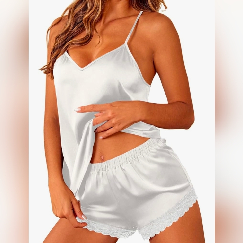 Elegant White Satin Sleepwear Set (size L, runs small)